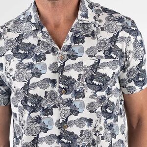 Tailor Vintage Blue Gray Peony Asian Stretchy Jersey Cabana Shirt Men’s Sz XL